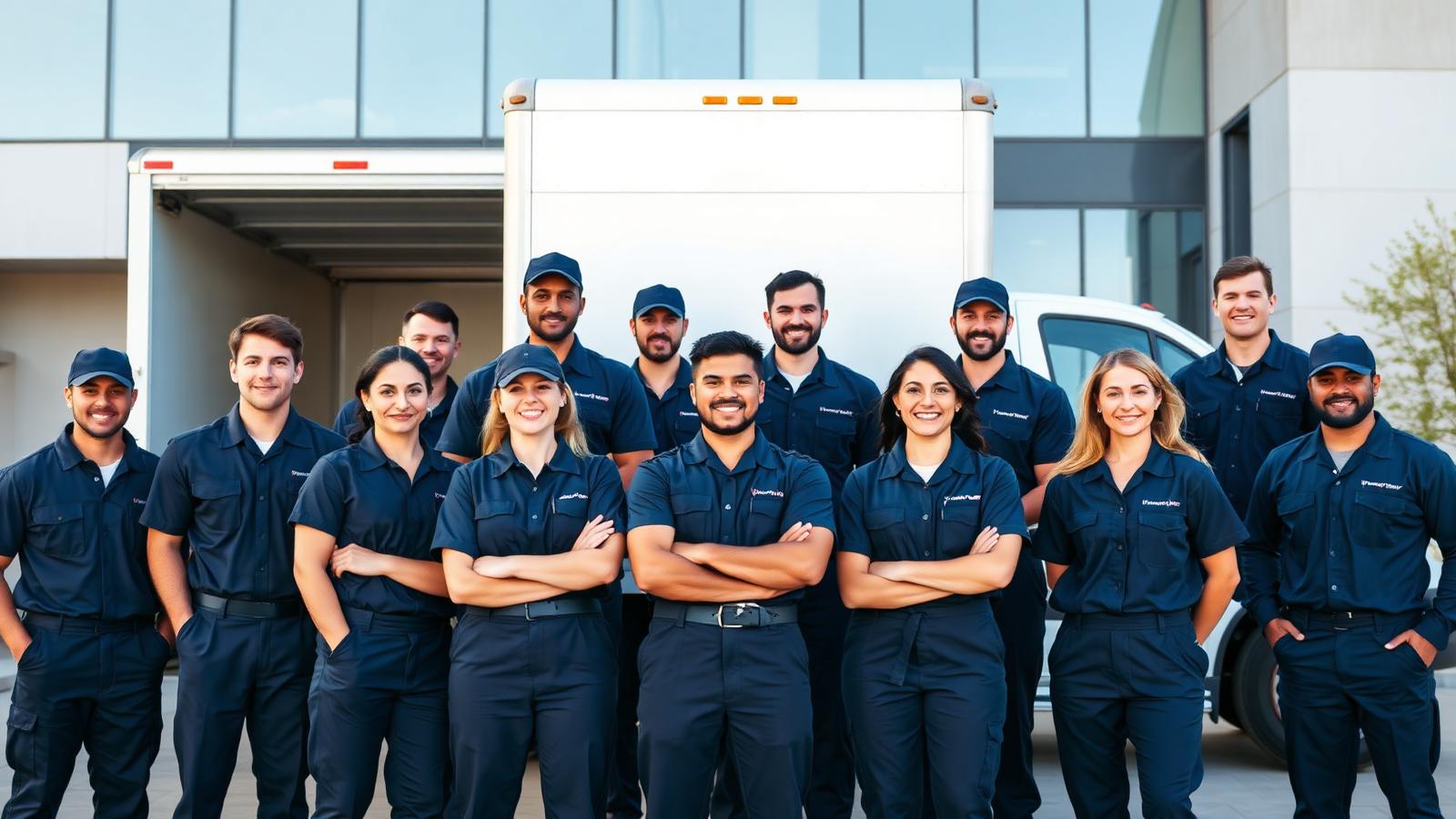 Professional moving crew in navy uniforms in front of a white truck