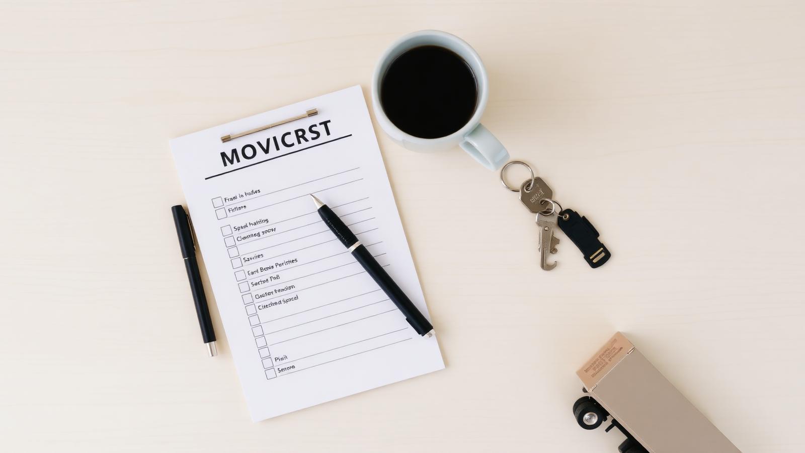 Moving planning checklist with coffee, pen, and house keys