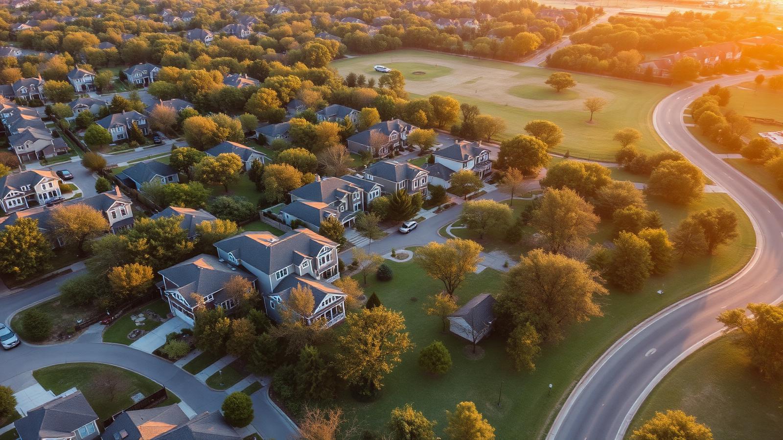 Aerial view of a Frisco-style North Texas neighborhood at golden hour